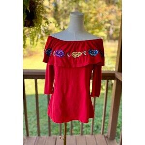 Alison Andrews Red Embroidered Floral Off Shoulder Top S
